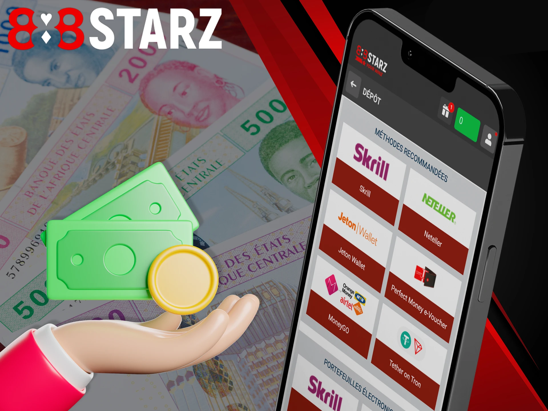 Choose your preferred deposit method on the 888Starz application.