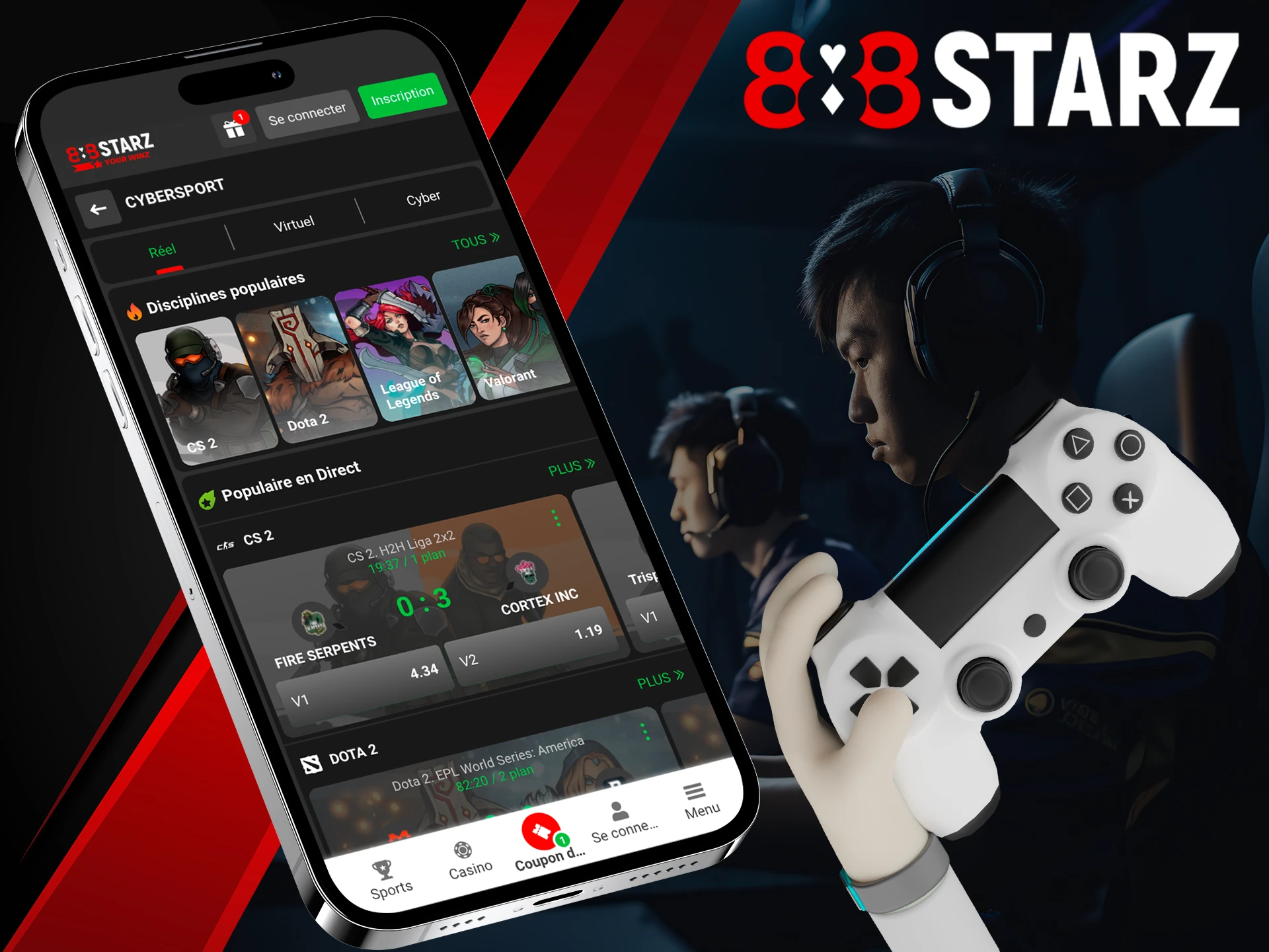 Bet on Esport on the 888Starz app and become a champion.