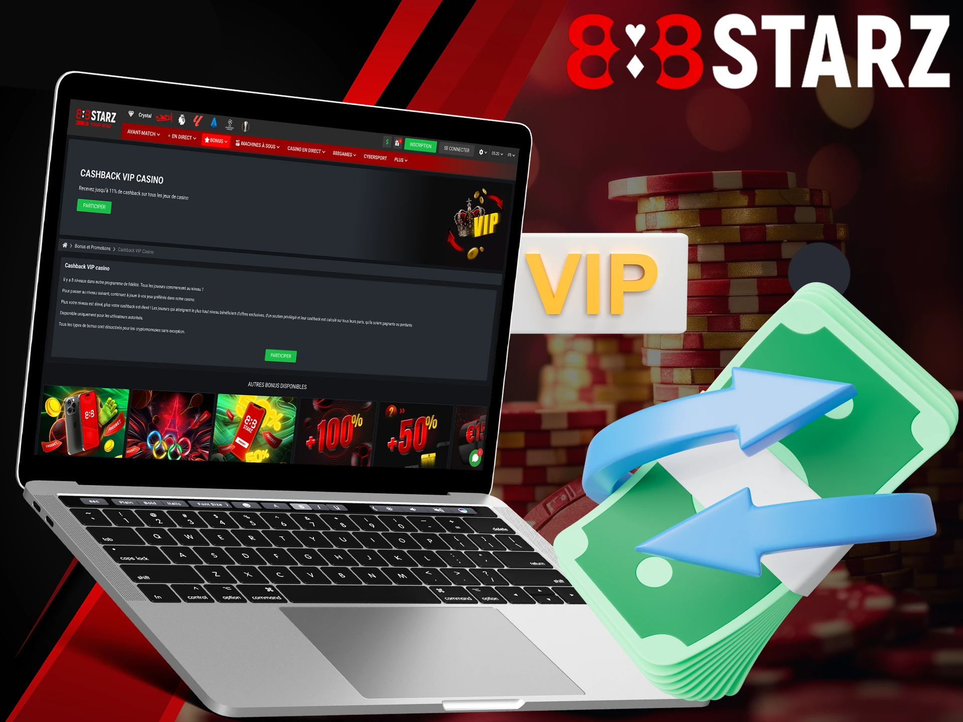 Use VIP cashback and get your money back with 888Starz.