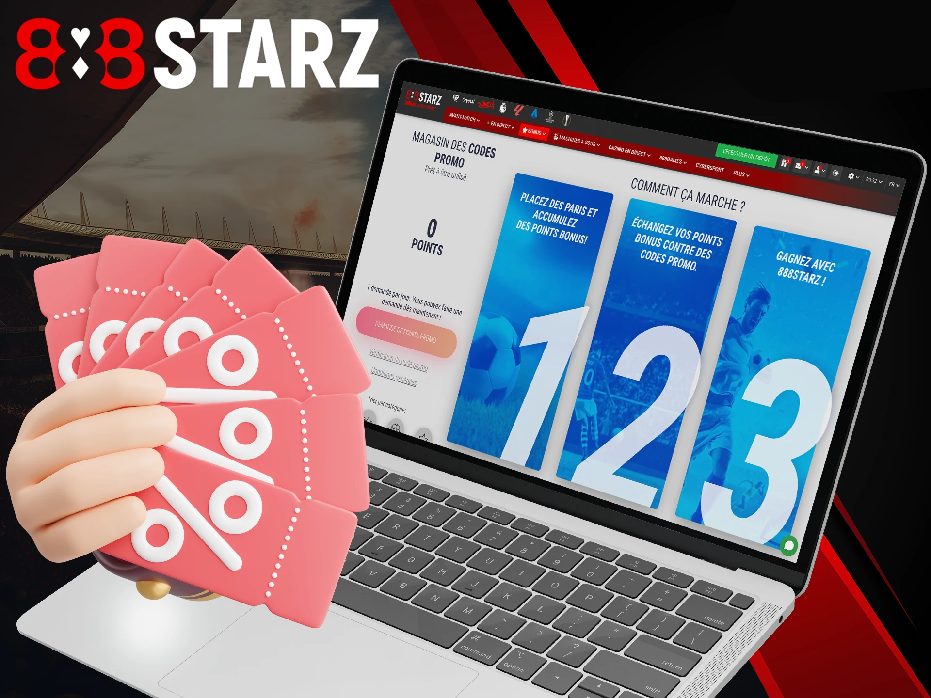 Choose a promo code for yourself in the 888Starz promo code store.